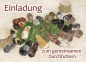 Meerschweinchen-Postkarte Einladung zum gemeinsamen durchfuttern Meerschweinchengruppe im Gras